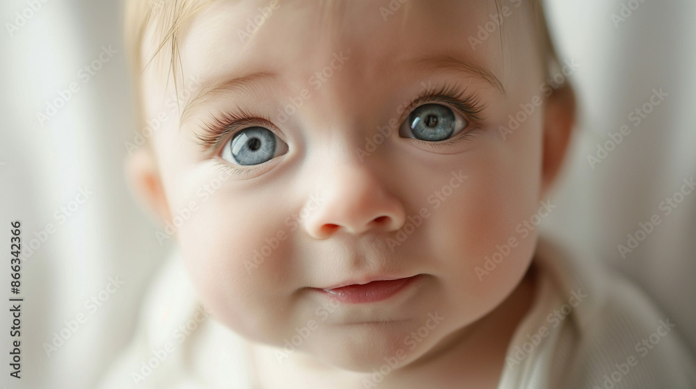 Close-up natural baby expressions with copy space, a close-up image of a baby with a calm look, set against a white or cream background Close-up natural baby expressions with copy space, a close-up image of a baby with a calm look, set against a white or cream background