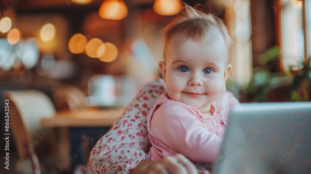 Adorable baby girl exploring laptop in cozy cafe setting Adorable baby girl exploring laptop in cozy cafe setting