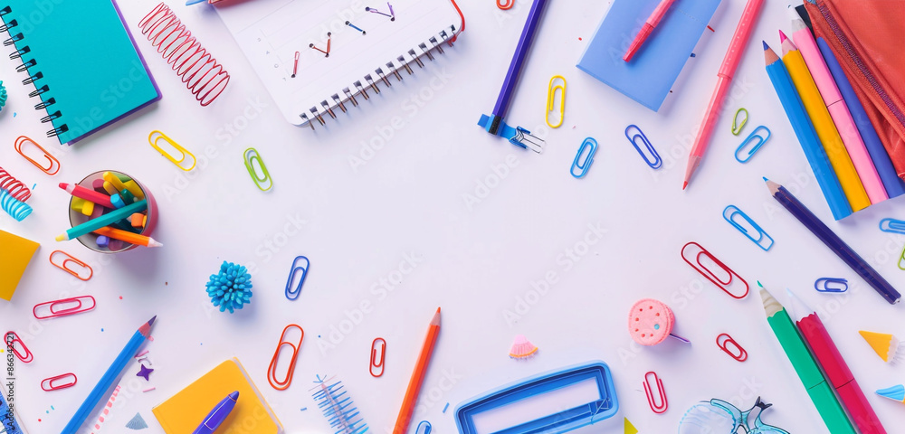 Flat lay of colorful school supplies arranged around a white background, ideal for a back to school theme with ample space for text. Flat lay of colorful school supplies arranged around a white background, ideal for a back to school theme with ample space for text.