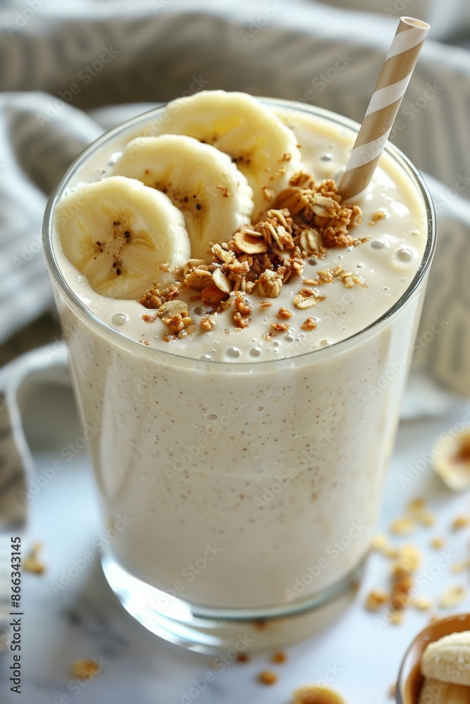 Banana Peanut Butter Smoothie: A creamy smoothie, swirled with peanut butter and topped with banana slices and a sprinkle of granola. Banana Peanut Butter Smoothie: A creamy smoothie, swirled with peanut butter and topped with banana slices and a sprinkle of granola.