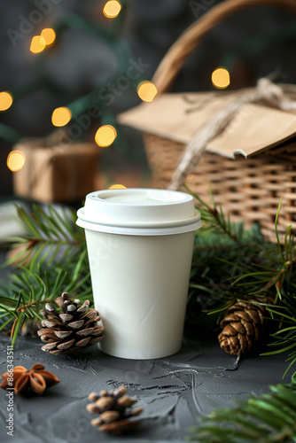 The image displays a delightful holiday scene centered around a white simple takeaway coffee cup. The setting is very festive with evergreen pine branches framing the takeaway coffee cup, a few pine