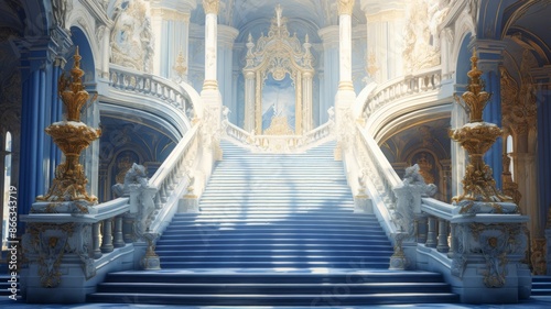 Grand Palace Staircase. Majestic Interior with Blue Carpets and Golden Accents