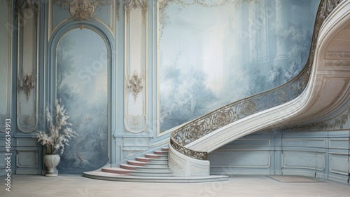 Elegant and ornate vintage staircase in a grand hall, featuring classical architecture and  pastel blue tones. Perfect for historical, fantasy, or luxury concepts.