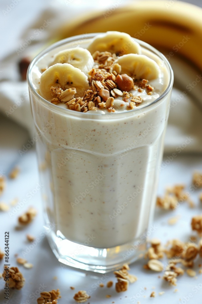 Banana Peanut Butter Smoothie: A creamy smoothie, swirled with peanut butter and topped with banana slices and a sprinkle of granola. Banana Peanut Butter Smoothie: A creamy smoothie, swirled with peanut butter and topped with banana slices and a sprinkle of granola.