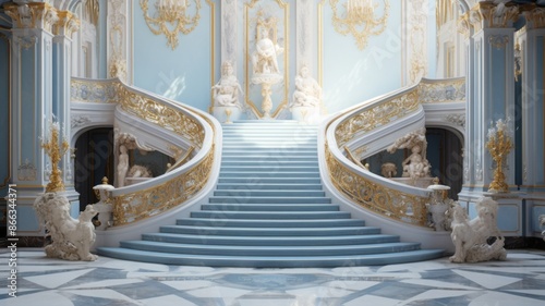 Grand and ornate staircase in a luxurious palace interior, with marble steps, gold railings, and statues, bathed in sunlight. Concept of wealth, opulence, history, and architecture.