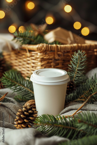 The image displays a delightful holiday scene centered around a white simple takeaway coffee cup. The setting is very festive with evergreen pine branches framing the takeaway coffee cup, a few pine © Multi Universe 