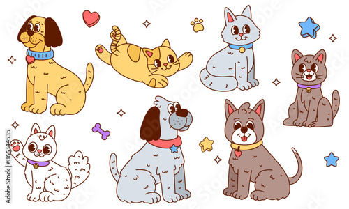 Set of cute dogs and cats stickers in retro groovy styles. Flat vector illustration isolated on white background. Funny domestic pets, cute animals, joyful doggies and cats collection 