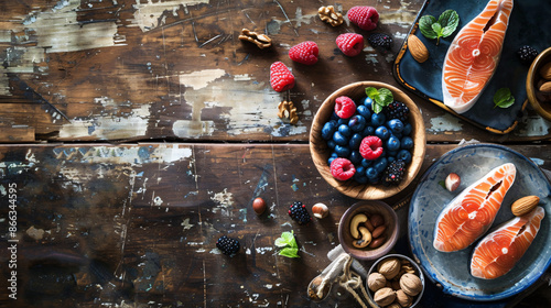 a bowl of berries and nuts on a table photo