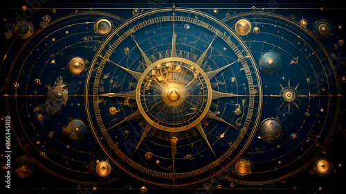 Golden Celestial Map with Astrological Symbols on Dark Background