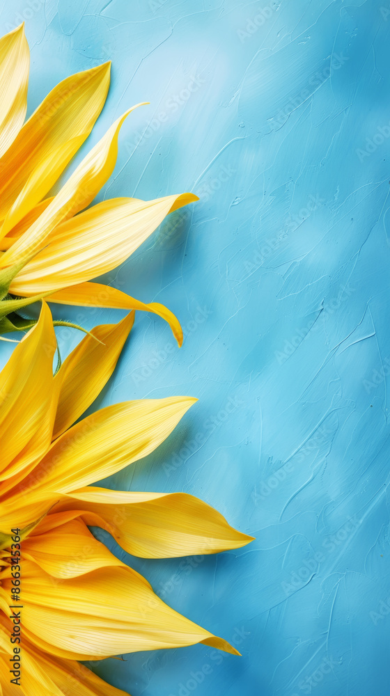 Obraz premium Aesthetic minimalist pastel blue background for social media with yellow sunflower petals. Summer vibes. Generative AI
