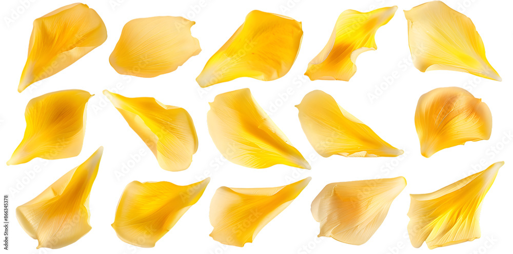 Collection of soft yellow flower petals isolated on transparent background