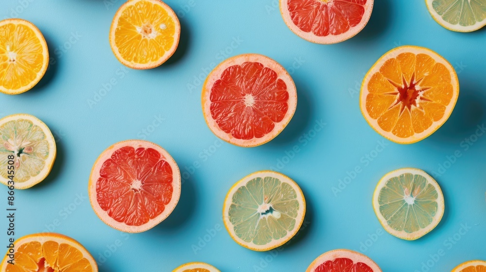 Grapefruit and orange slices on a blue background Grapefruit and orange slices on a blue background