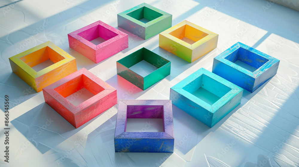 Geometry box tools in vibrant hues arranged in a square on a white surface. Geometry box tools in vibrant hues arranged in a square on a white surface.
