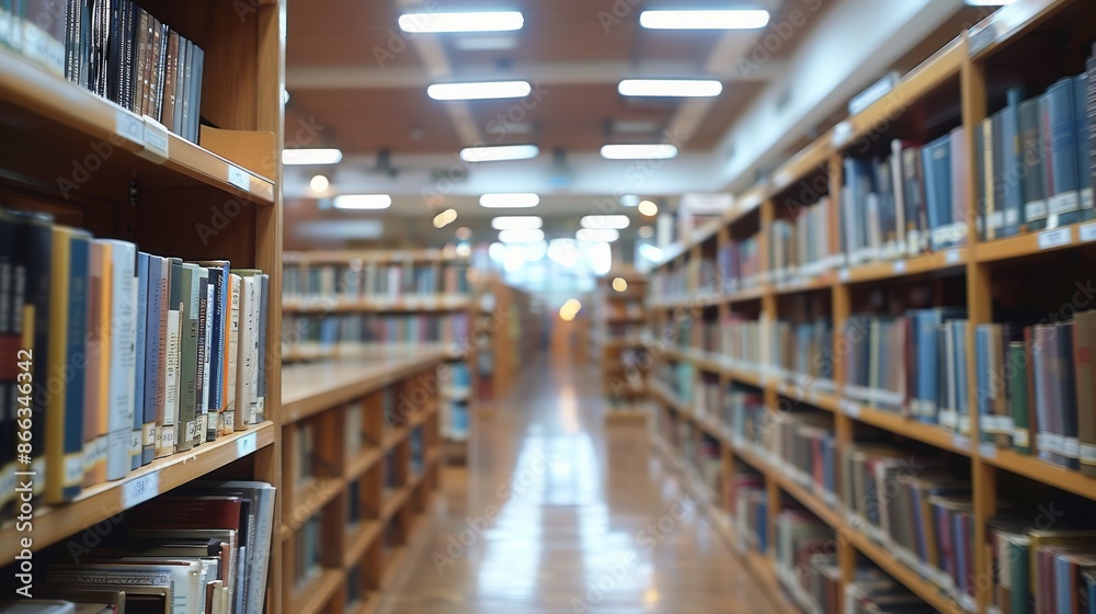 Empty Library Aisle with Wooden Bookshelves and Books Empty Library Aisle with Wooden Bookshelves and Books