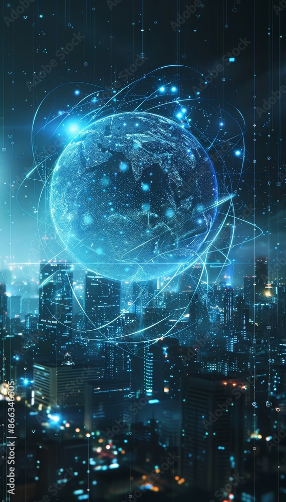 Obraz premium Smart city digital realm abstract futuristic network with glowing sphere, urban tech connections