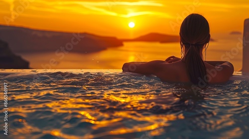 Woman relaxing in an infinity pool at sunset. Tranquil ocean view with vibrant orange sky. Unique vacation moments. Perfect for travel inspiration and wellness settings. AI