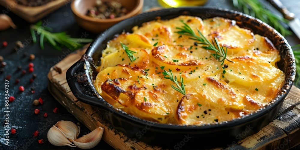 French dish Gratin dauphinois. Concept French cuisine, Gratin dauphinois, Comfort food, Creamy potatoes, Cheesy dish French dish Gratin dauphinois. Concept French cuisine, Gratin dauphinois, Comfort food, Creamy potatoes, Cheesy dish