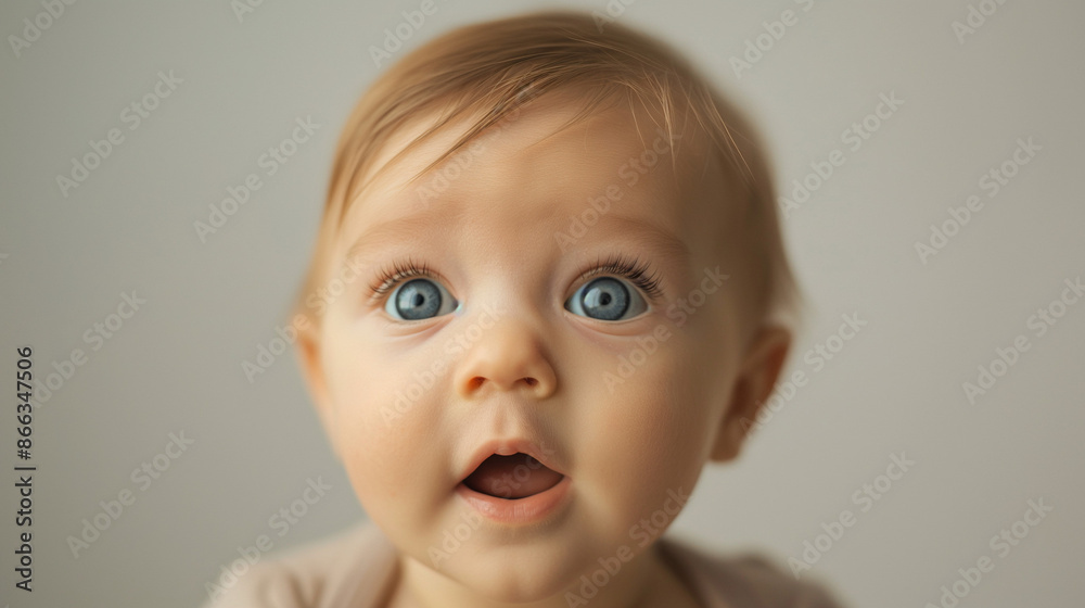 Close-up natural baby expressions with copy space, a close-up image of a baby showing a surprised look, set against a minimalistic white or cream background Close-up natural baby expressions with copy space, a close-up image of a baby showing a surprised look, set against a minimalistic white or cream background