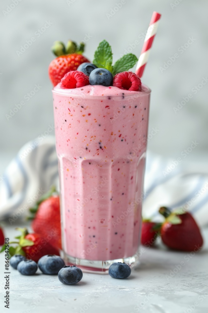 Red Berry Smoothie: Fresh red berry smoothie in a clear glass, topped with fresh strawberries, blueberries, and a sprig of mint. Red Berry Smoothie: Fresh red berry smoothie in a clear glass, topped with fresh strawberries, blueberries, and a sprig of mint.