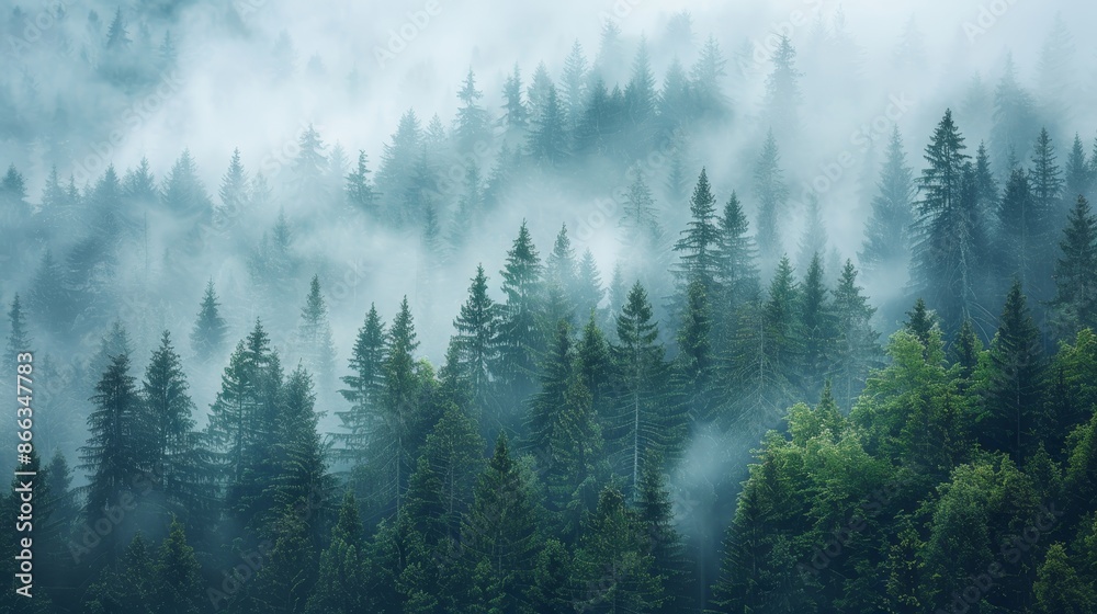 Serene misty morning in the mountain forest realistic photo of tranquil woodland scene Serene misty morning in the mountain forest realistic photo of tranquil woodland scene