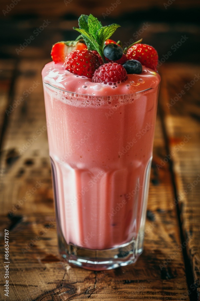 Red Berry Smoothie: Fresh red berry smoothie in a clear glass, topped with fresh strawberries, blueberries, and a sprig of mint. Red Berry Smoothie: Fresh red berry smoothie in a clear glass, topped with fresh strawberries, blueberries, and a sprig of mint.