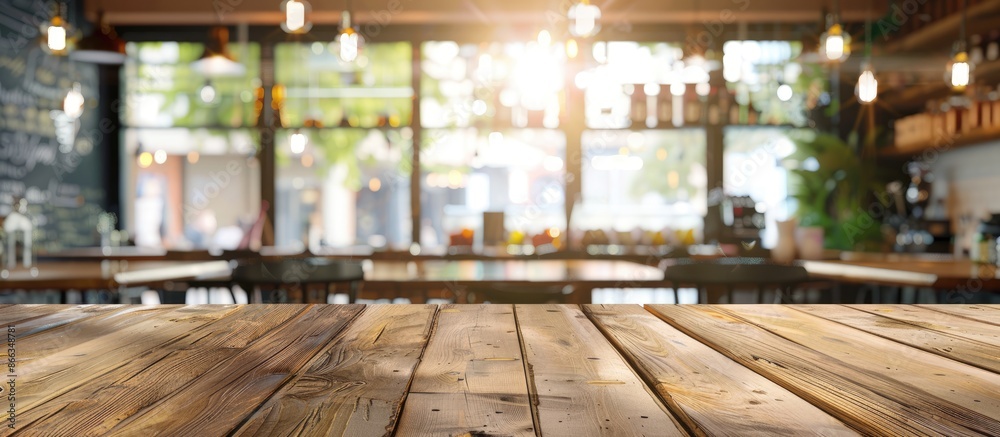 Clean and bright light foreground with a blurry coffee shop background on an empty wooden table- ideal for showcasing product montages. Clean and bright light foreground with a blurry coffee shop background on an empty wooden table- ideal for showcasing product montages.