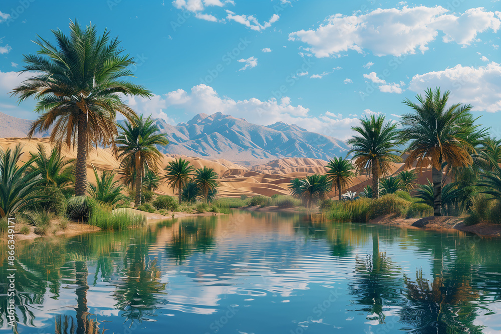 Obraz premium Palm trees and water in a desert landscape