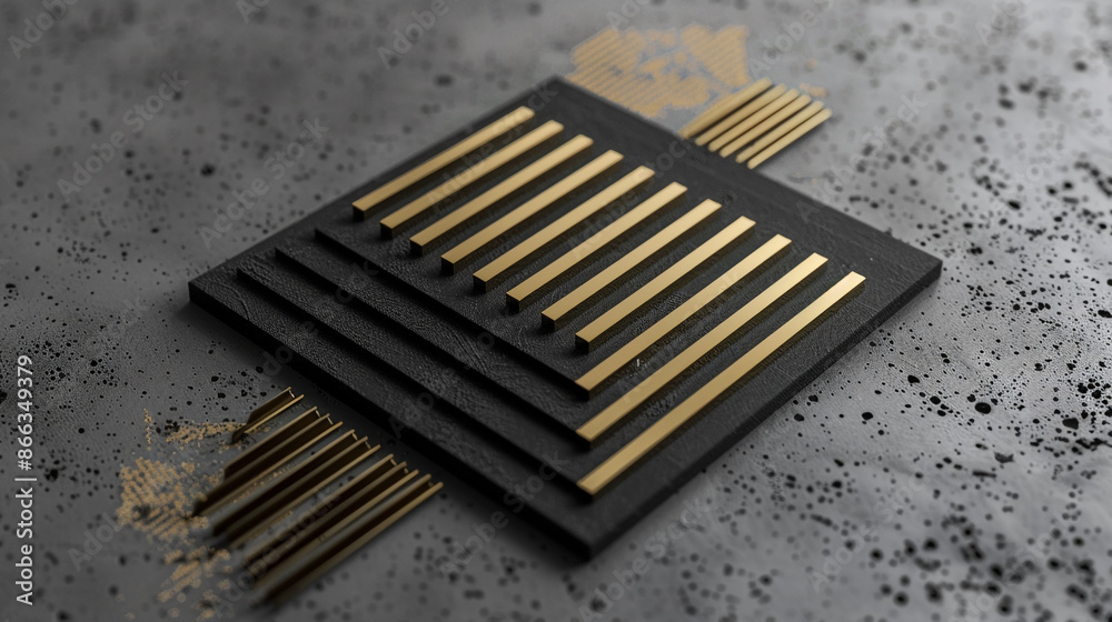 Minimalistic black and gold geometry tools arranged in a square on a grey surface. Minimalistic black and gold geometry tools arranged in a square on a grey surface.
