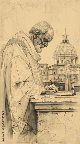 The painting of St. Gregory the Great Writing in Ancient Rome, Beige Background, Copyspace photo