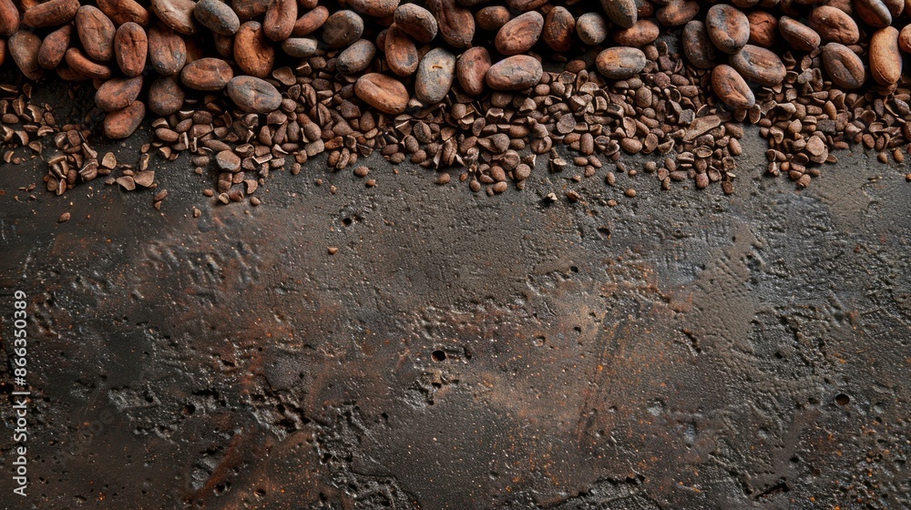 A close-up shot of roasted cocoa beans and nibs arranged on a textured, rustic surface. The beans are a rich brown color, and the nibs are scattered throughout the frame A close-up shot of roasted cocoa beans and nibs arranged on a textured, rustic surface. The beans are a rich brown color, and the nibs are scattered throughout the frame