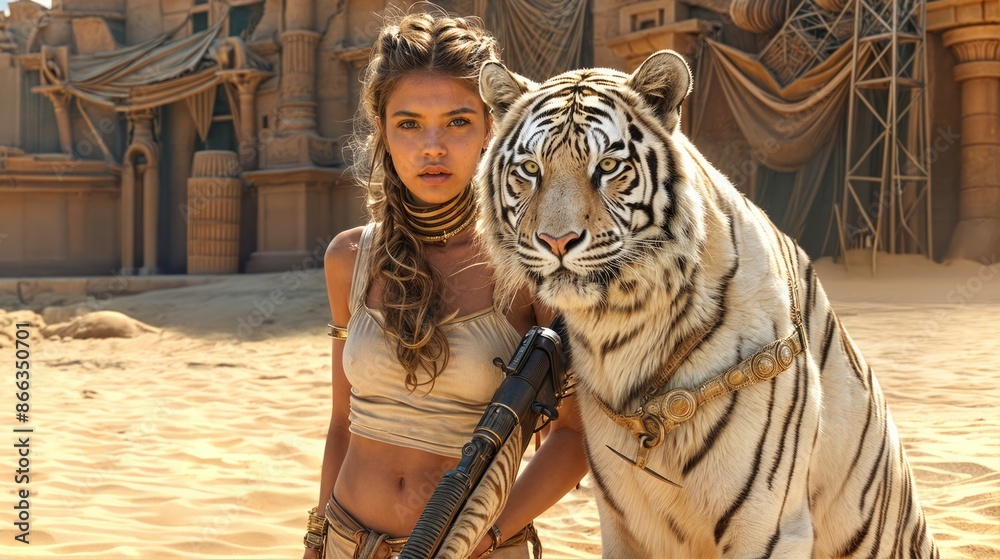 Obraz premium An Egyptian-style warrior woman, accompanied by a white tiger, stands firmly on the battlefield with her gun.