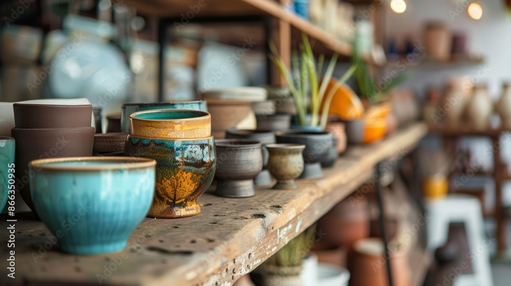 Fototapeta premium Assorted ceramic cups and bowls on wooden shelves