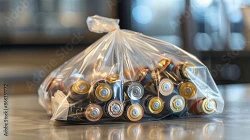 Batteries in a clear plastic bag ready for recycling, proper disposal, environmental responsibility photo