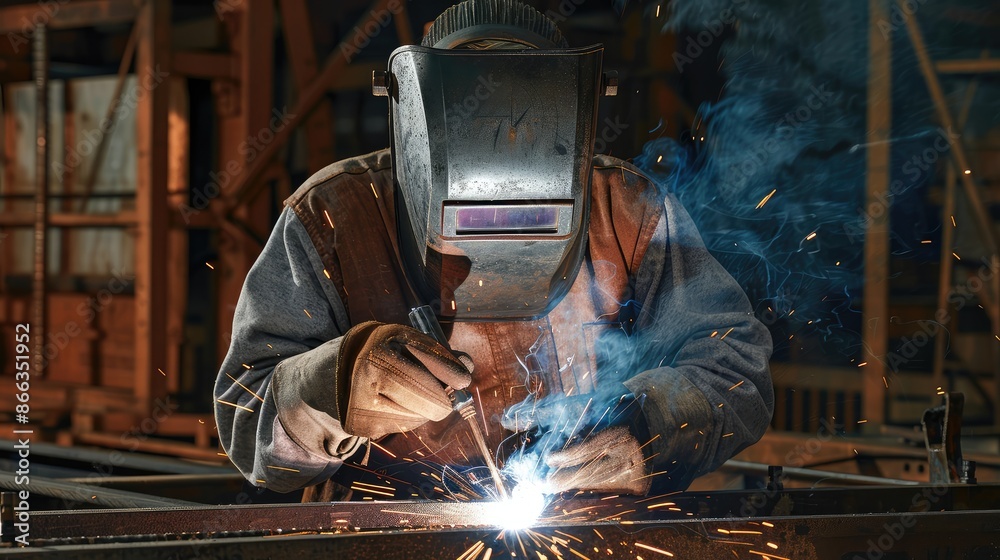 Skilled Welder at Work. Man in Protective Gear Joining Metal with Welding Torch in Industrial Setting Skilled Welder at Work. Man in Protective Gear Joining Metal with Welding Torch in Industrial Setting