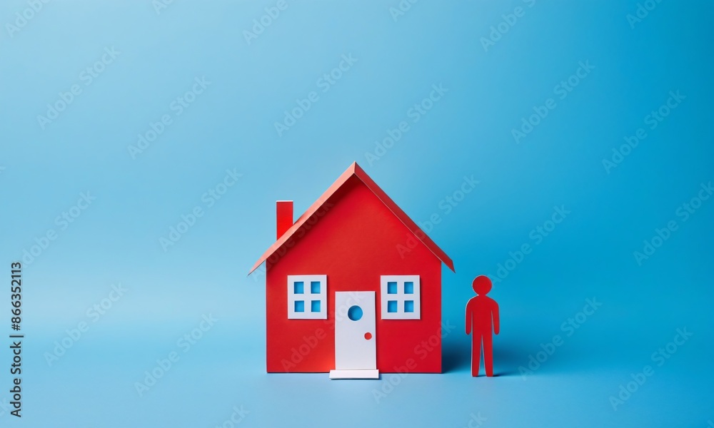 A red paper cut person standing next to small home, owner, real estate concept, solid blue background A red paper cut person standing next to small home, owner, real estate concept, solid blue background