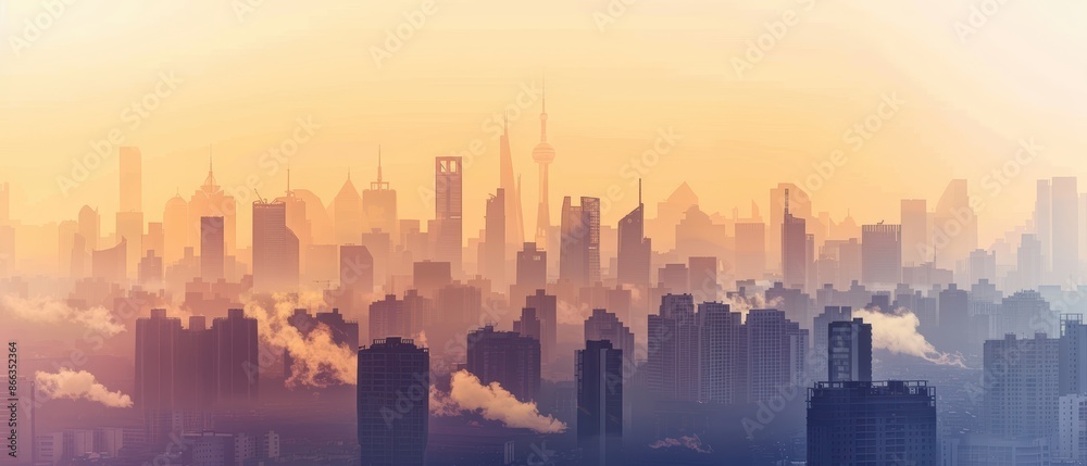 City skyline with smog from increased fuel usage, environmental impact, urban pollution City skyline with smog from increased fuel usage, environmental impact, urban pollution