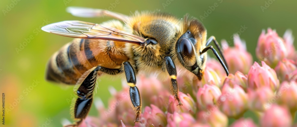 Close-up of a honey bee on a flower, nectar collection, pollination