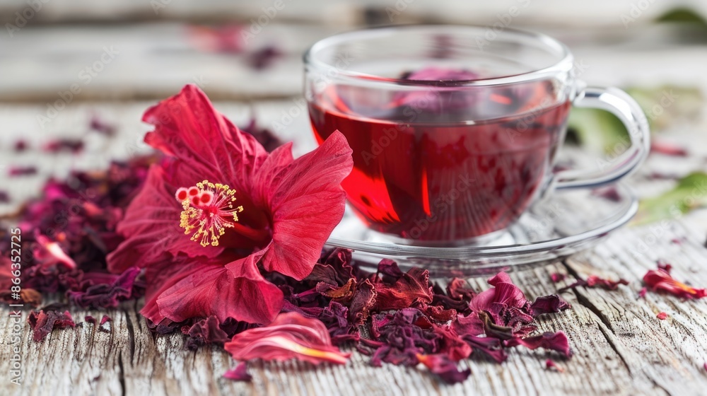 Hibiscus tea. Hibiscus tea cup and dry petals on a wooden table. Herbal vitamin tea. Cold and flu remedy Hibiscus tea. Hibiscus tea cup and dry petals on a wooden table. Herbal vitamin tea. Cold and flu remedy
