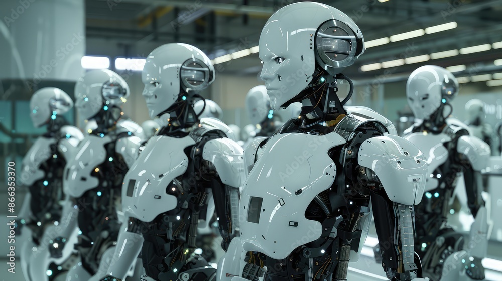 Group of advanced humanoid robots standing in a row in a modern factory. Concepts. Artificial intelligence, automation, industry 4.0, robotics, future technology. Group of advanced humanoid robots standing in a row in a modern factory. Concepts. Artificial intelligence, automation, industry 4.0, robotics, future technology.