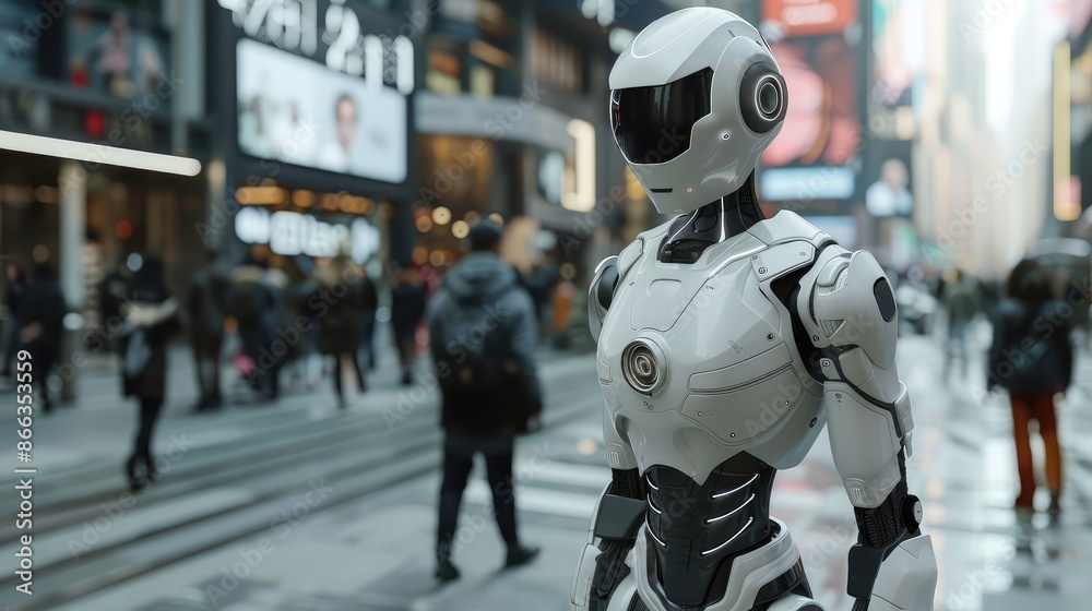 Futuristic humanoid robot in a bustling city street, concept for artificial intelligence, robotics, and the future of technology. Futuristic humanoid robot in a bustling city street, concept for artificial intelligence, robotics, and the future of technology.