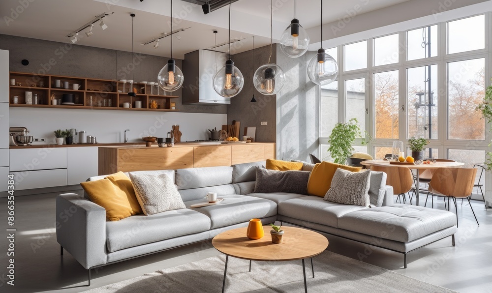 Spacious living room featuring a modern sectional couch with colorful pillows positioned in front of a large window Spacious living room featuring a modern sectional couch with colorful pillows positioned in front of a large window