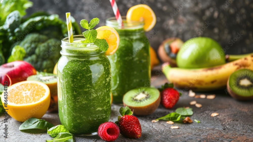 Healthy diet concept Green Detox smoothies with organic fruits and vegetables on stone worktop Healthy diet concept Green Detox smoothies with organic fruits and vegetables on stone worktop