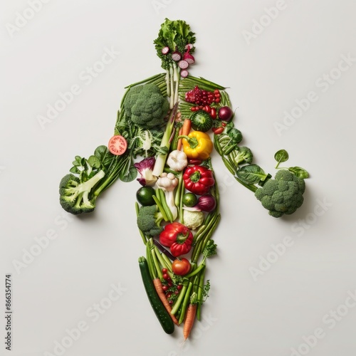Human body shape made of Healthy of varies raw organic vegetables, fresh ingredients for cook and meals.