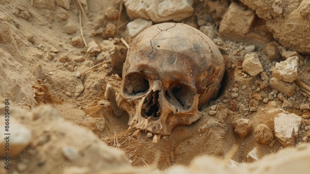 Human skull in the sand on the ruins of ancient cities. Remains of ancient people at archaeological excavations. Human skull in the sand on the ruins of ancient cities. Remains of ancient people at archaeological excavations.