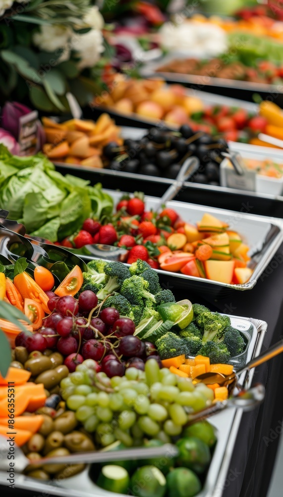 Vibrant catering spread fresh veggies, fruits, appetizers on table realistic event food photo Vibrant catering spread fresh veggies, fruits, appetizers on table realistic event food photo