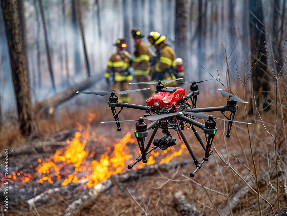 Firefighters in protective gear are seen in the background of a forest fire, while a drone equipped with a camera hovers in the foreground, likely being used to monitor the fire Firefighters in protective gear are seen in the background of a forest fire, while a drone equipped with a camera hovers in the foreground, likely being used to monitor the fire