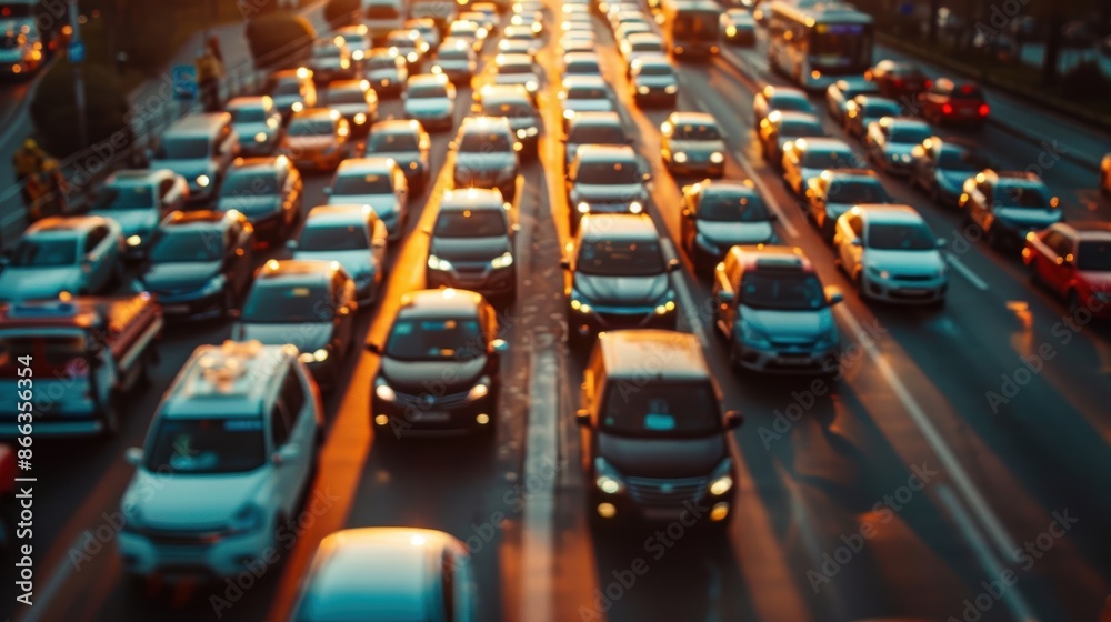 Obraz premium Aerial view of traffic jam with a focus on gas stations, urban congestion, high fuel demand