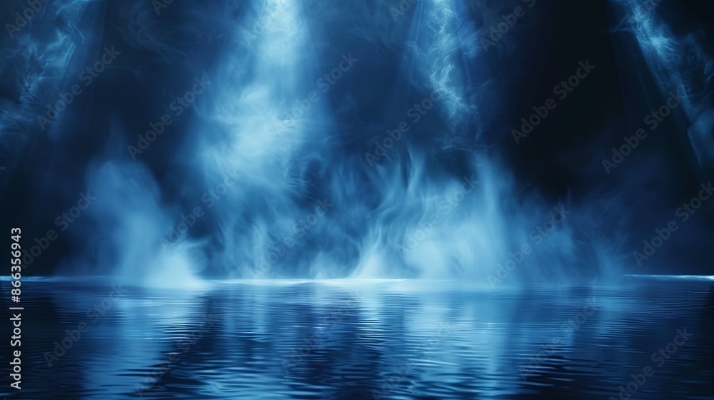 Abstract background of blue mist and smoke on dark night scene with spotlight Abstract background of blue mist and smoke on dark night scene with spotlight