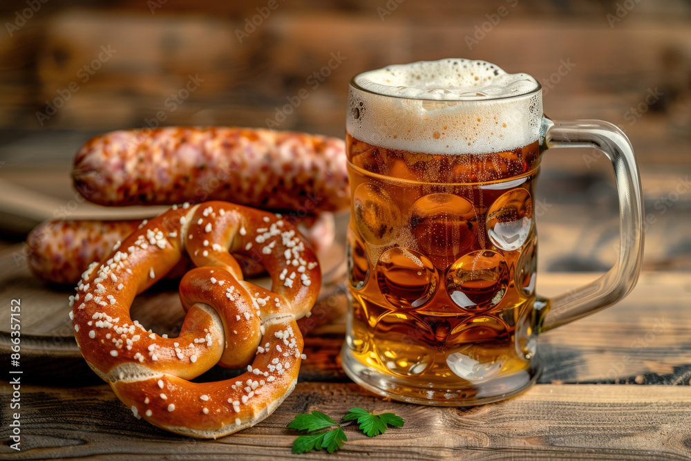 Overflowing beer stein sitting on a rustic wooden table next to a pretzel and sausages, celebrating beer festival Overflowing beer stein sitting on a rustic wooden table next to a pretzel and sausages, celebrating beer festival