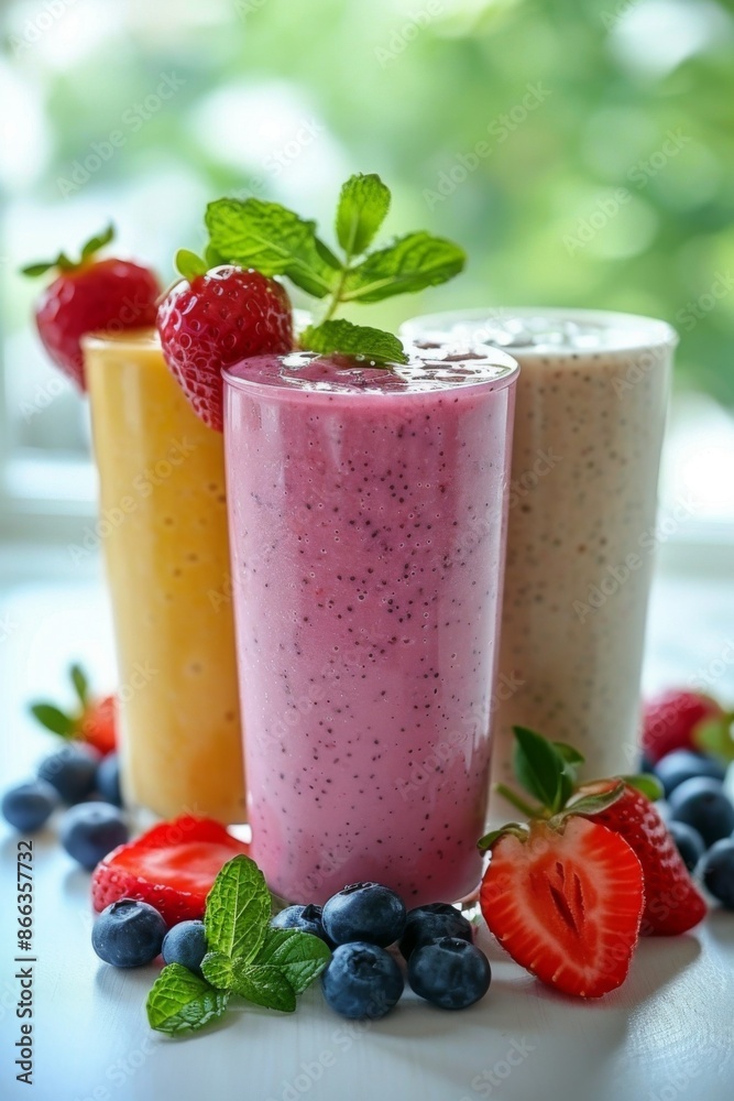 Berry Smoothie: Fresh berry smoothies on clean surface. Topped with fresh strawberries, blueberries, and a sprig of mint. Berry Smoothie: Fresh berry smoothies on clean surface. Topped with fresh strawberries, blueberries, and a sprig of mint.